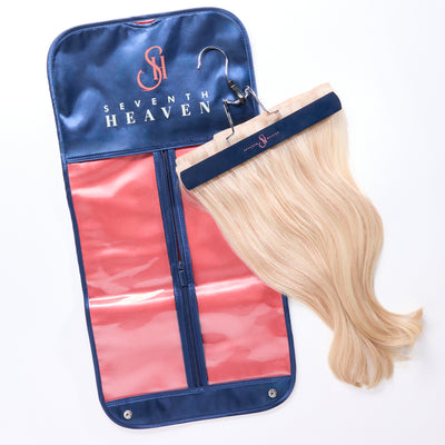Sleek and durable Venetian Vertical Satin Hair Extension Hanger Bag by Seventh Heaven. Perfect for keeping clip-in extensions tangle-free and travel-ready.