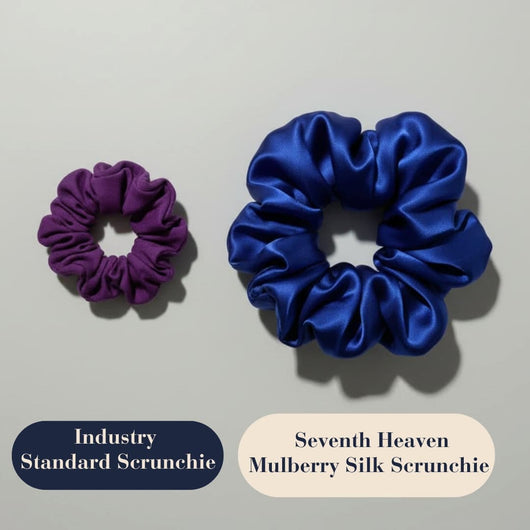 Oversized blue mulberry silk scrunchie shown next to a standard scrunchie to highlight size difference