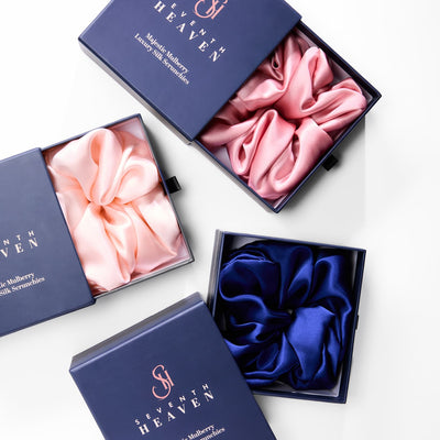 Luxury mulberry silk scrunchie bundle in blue, pink, and blush presented in Seventh Heaven gift boxes
