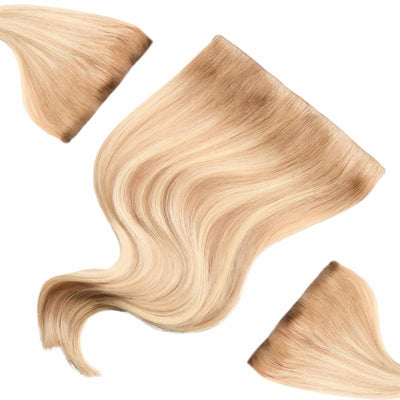 16 inch Radiant Rooted Ashy Blonde mini clip in hair extensions showing lightweight wefts and soft ash blonde blend