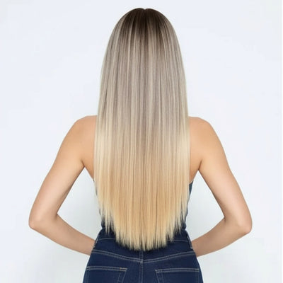 Back view of 20 inch Radiant Rooted Ashy Blonde clip in hair extensions with smooth finish and even length