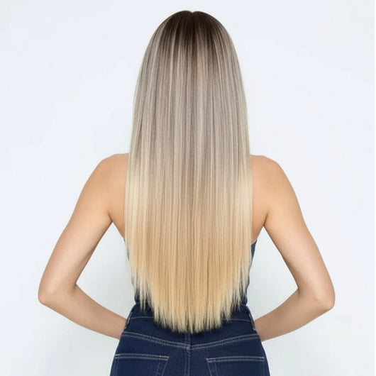 Back view of 20 inch Radiant Rooted Ashy Blonde clip in hair extensions with smooth finish and even length