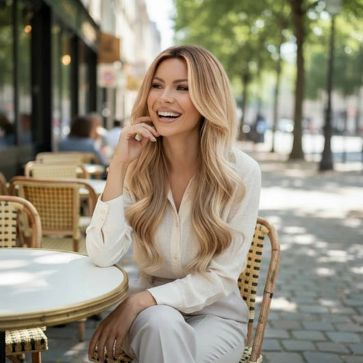 Lifestyle photo featuring Radiant Rooted Ashy Blonde clip in hair extensions styled in soft waves for an elevated everyday look