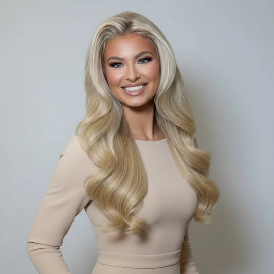 Model wearing 20 inch Rooted Creamy Beach Blonde clip-in hair extensions with long blended waves