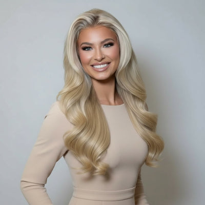 Model wearing 20 inch Rooted Creamy Beach Blonde clip-in hair extensions with long blended waves