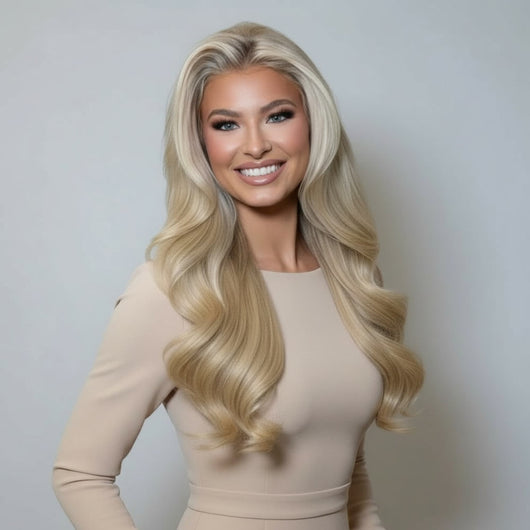 Model wearing 20 inch Rooted Creamy Beach Blonde clip-in hair extensions with long blended waves