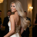 Lifestyle photo of Rooted Creamy Beach Blonde clip-in hair extensions styled for an elegant event look
