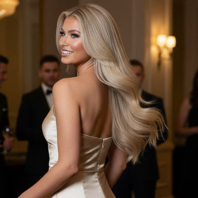 Lifestyle photo of Rooted Creamy Beach Blonde clip-in hair extensions styled for an elegant event look