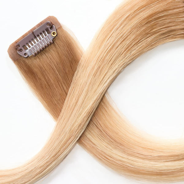 Close-up of secure clip on Rooted Creamy Beach Blonde clip-in hair extensions designed for comfortable hold