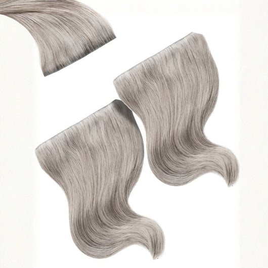 20 inch mini set of Sacred Salt & Pepper clip-in hair extensions offering length and dimensional silver tones