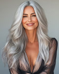 Elegant older woman with long silver Salt and Pepper Seventh Heaven Hair Extensions