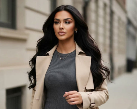 Lifestyle photo featuring Sophisticated Natural Black clip in hair extensions styled for an elevated everyday look