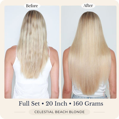 efore and after back view of Seventh Heaven Celestial Beach Blonde clip-in hair extensions, full set, 20 inch, 160 grams.