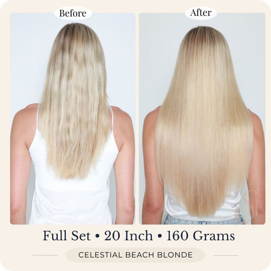 efore and after back view of Seventh Heaven Celestial Beach Blonde clip-in hair extensions, full set, 20 inch, 160 grams.
