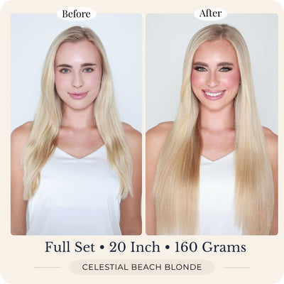 Before and after front view of Seventh Heaven Celestial Beach Blonde clip-in hair extensions, full set, 20 inch, 160 grams.