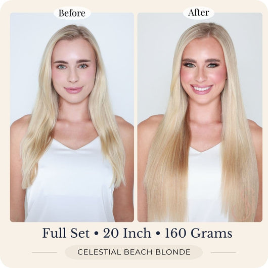 Before and after front view of Seventh Heaven Celestial Beach Blonde clip-in hair extensions, full set, 20 inch, 160 grams.