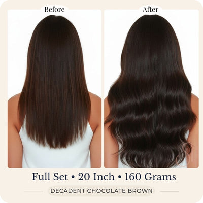 Before and after back view of Seventh Heaven Decadent Chocolate Brown clip-in hair extensions, full set, 20 inch, 160 grams.
