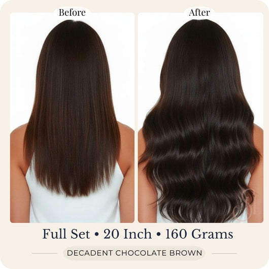 Before and after back view of Seventh Heaven Decadent Chocolate Brown clip-in hair extensions, full set, 20 inch, 160 grams.
