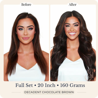 Before and after front view of Seventh Heaven Decadent Chocolate Brown clip-in hair extensions, full set, 20 inch, 160 grams.