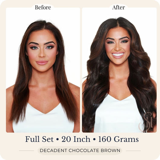 Before and after front view of Seventh Heaven Decadent Chocolate Brown clip-in hair extensions, full set, 20 inch, 160 grams.