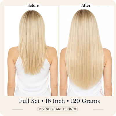 Before and after back view of Seventh Heaven Divine Pearl Blonde clip-in hair extensions, full set, 16 inch, 120 grams.