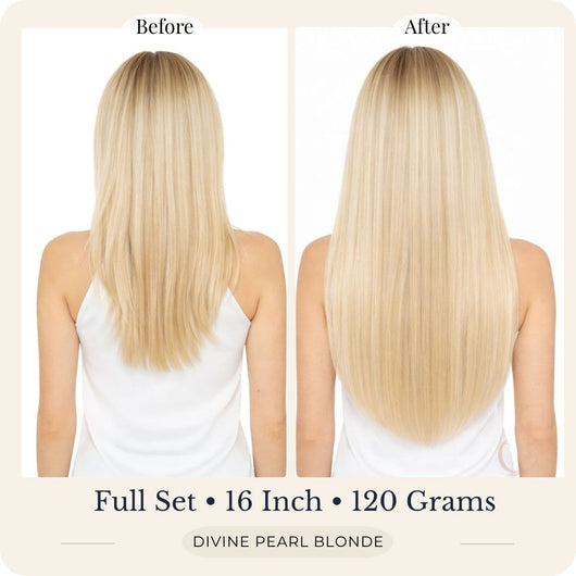 Before and after back view of Seventh Heaven Divine Pearl Blonde clip-in hair extensions, full set, 16 inch, 120 grams.