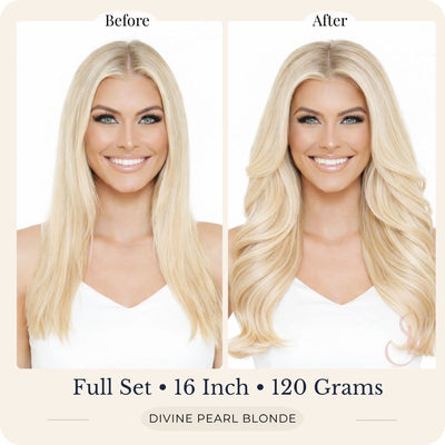 Before and after front view of Seventh Heaven Divine Pearl Blonde clip-in hair extensions, full set, 16 inch, 120 grams