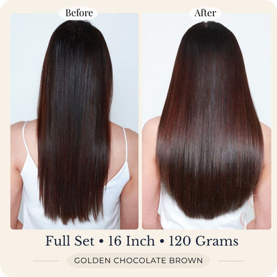 Before and after back view of Seventh Heaven Golden Chocolate Brown clip-in hair extensions, full set, 16 inch, 120 grams.