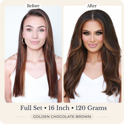 Before and after front view of Seventh Heaven Golden Chocolate Brown clip-in hair extensions, full set, 16 inch, 120 grams.