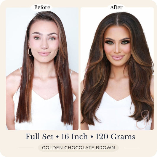Before and after front view of Seventh Heaven Golden Chocolate Brown clip-in hair extensions, full set, 16 inch, 120 grams.