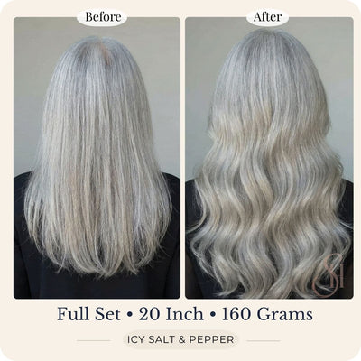 Before and after back view of Seventh Heaven Icy Salt and Pepper clip-in hair extensions, full set, 20 inch, 160 grams.