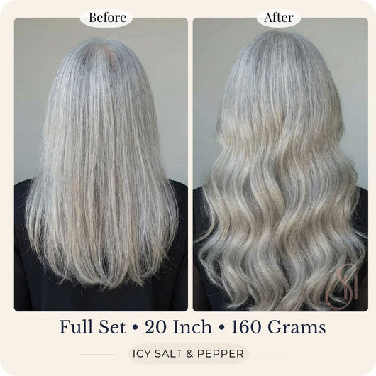 Before and after back view of Seventh Heaven Icy Salt and Pepper clip-in hair extensions, full set, 20 inch, 160 grams.