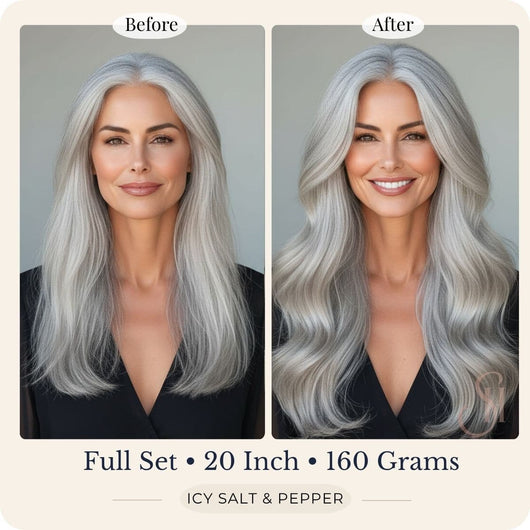 Before and after front view of Seventh Heaven Icy Salt and Pepper clip-in hair extensions, full set, 20 inch, 160 grams.