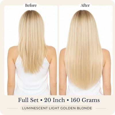 Before and after back view of Seventh Heaven Luminescent Light Golden Blonde clip-in hair extensions, full set, 20 inch, 160 grams.