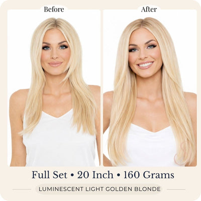 Before and after front view of Seventh Heaven Luminescent Light Golden Blonde clip-in hair extensions, full set, 20 inch, 160 grams