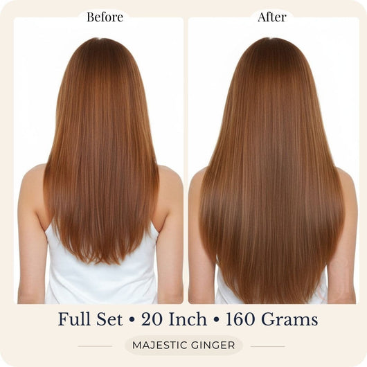 Before and after back view of Seventh Heaven Majestic Ginger clip-in hair extensions, full set, 20 inch, 160 grams.