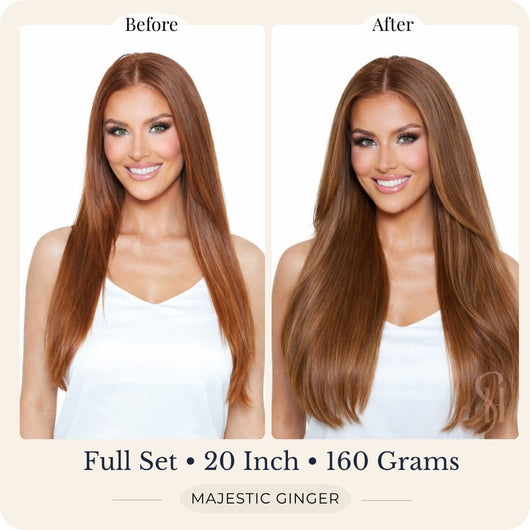 Before and after front view of Seventh Heaven Majestic Ginger clip-in hair extensions, full set, 20 inch, 160 grams.