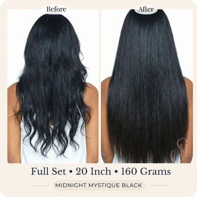 Before and after back view of Seventh Heaven Midnight Mystique Black clip-in hair extensions, full set, 20 inch, 160 grams.