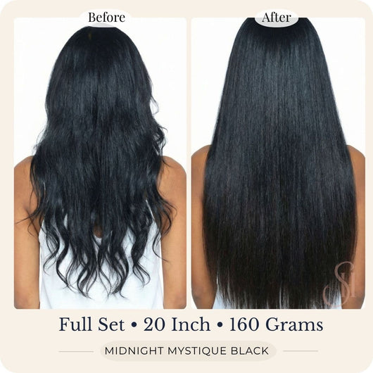 Before and after back view of Seventh Heaven Midnight Mystique Black clip-in hair extensions, full set, 20 inch, 160 grams.