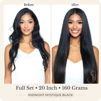 Before and after front view of Seventh Heaven Midnight Mystique Black clip-in hair extensions, full set, 20 inch, 160 grams.