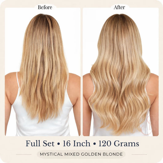 Before and after back view of Seventh Heaven Mystical Mixed Golden Blonde clip-in hair extensions, full set, 16 inch, 120 grams.