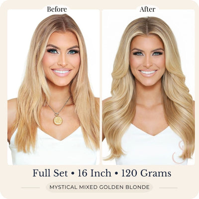 Before and after front view of Seventh Heaven Mystical Mixed Golden Blonde clip-in hair extensions, full set, 16 inch, 120 grams.
