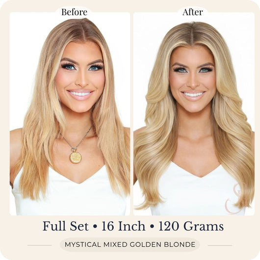 Before and after front view of Seventh Heaven Mystical Mixed Golden Blonde clip-in hair extensions, full set, 16 inch, 120 grams.