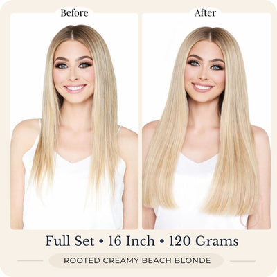 Before and after front view of Seventh Heaven Rooted Creamy Beach Blonde clip-in hair extensions, full set, 16 inch, 120 grams.