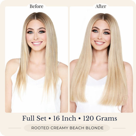 Before and after front view of Seventh Heaven Rooted Creamy Beach Blonde clip-in hair extensions, full set, 16 inch, 120 grams.