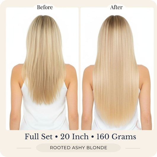 Before and after back view of Seventh Heaven Rooted Ashy Blonde clip-in hair extensions, full set, 20 inch, 160 grams.