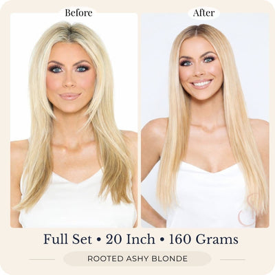 Before and after front view of Seventh Heaven Rooted Ashy Blonde clip-in hair extensions, full set, 20 inch, 160 grams.
