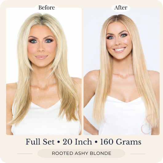 Before and after front view of Seventh Heaven Rooted Ashy Blonde clip-in hair extensions, full set, 20 inch, 160 grams.
