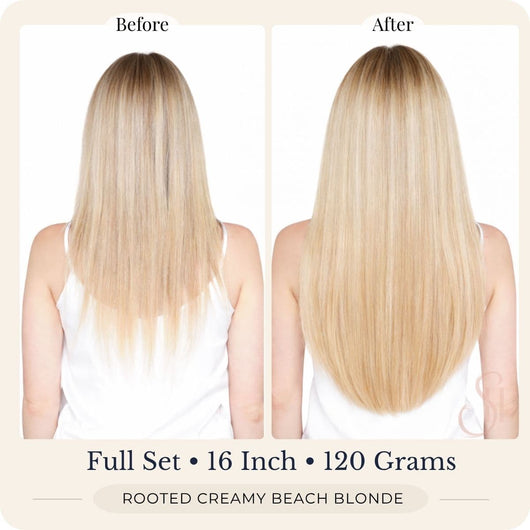 Before and after back view of Seventh Heaven Rooted Creamy Beach Blonde clip-in hair extensions, full set, 16 inch, 120 grams.