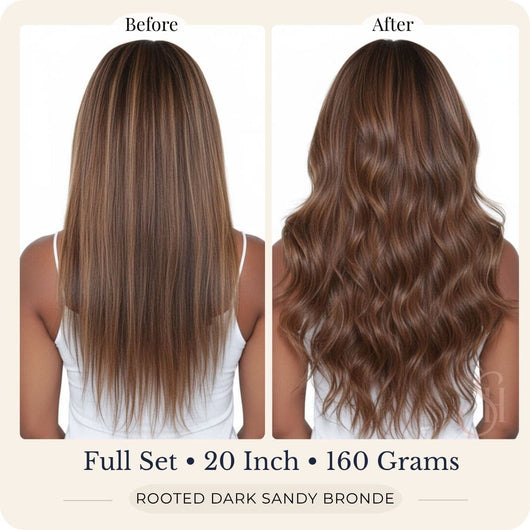 Before and after back view of Seventh Heaven Rooted Dark Sandy Bronde clip-in hair extensions, full set, 20 inch, 160 grams.